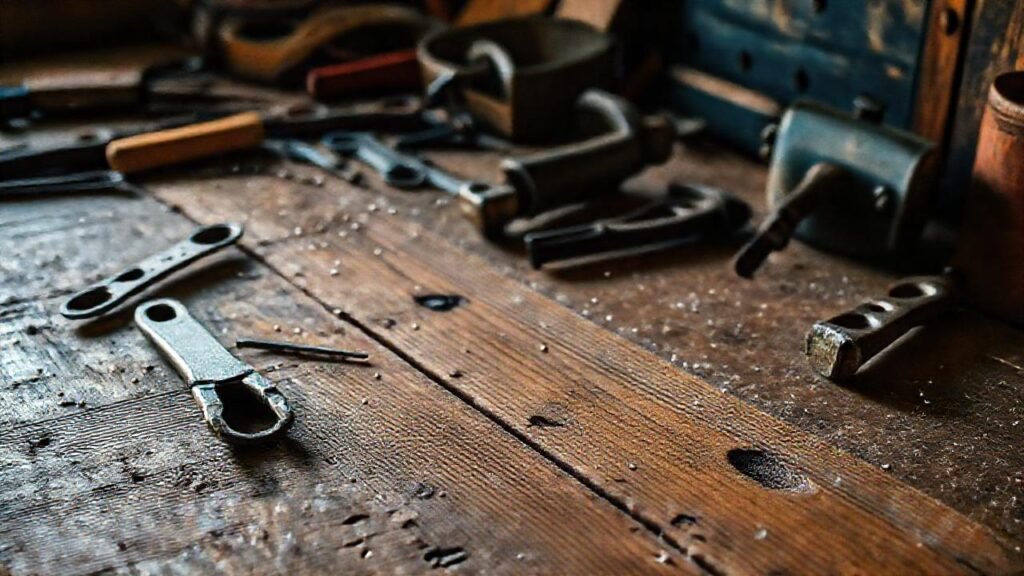 Una mesa de madera antigua invita