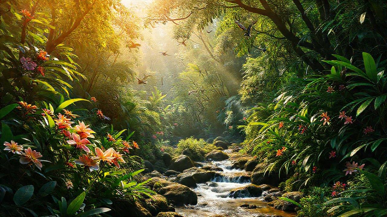 Selva exuberante, colores cálidos y vibrantes