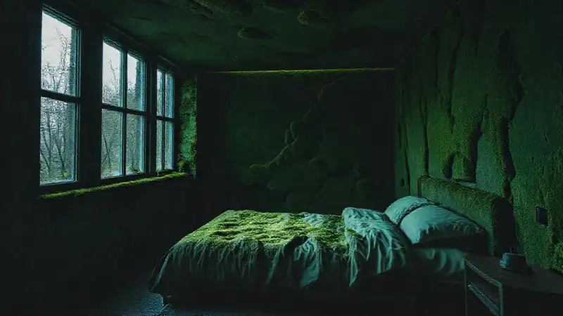 Un dormitorio verde y sereno