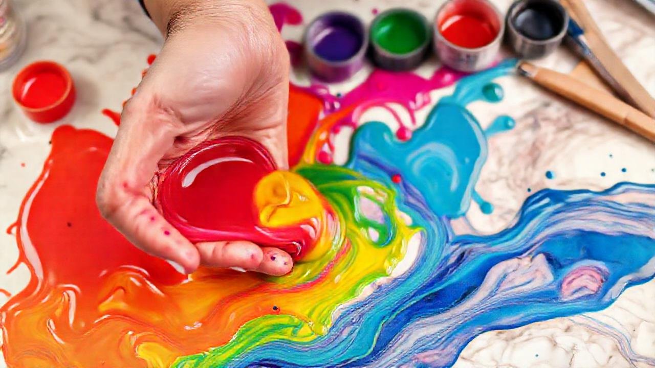 Manos mezclan colores, creando una textura vívida