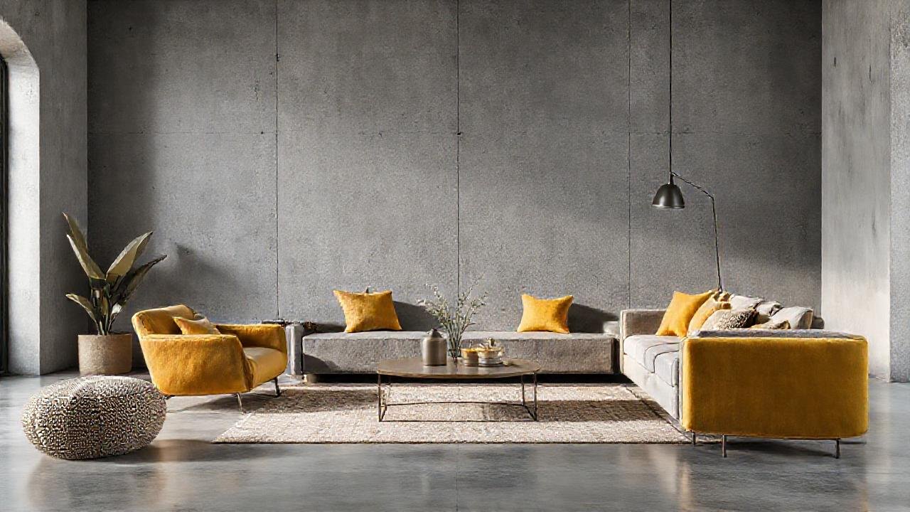 Un salón minimalista, grises y amarillos suaves