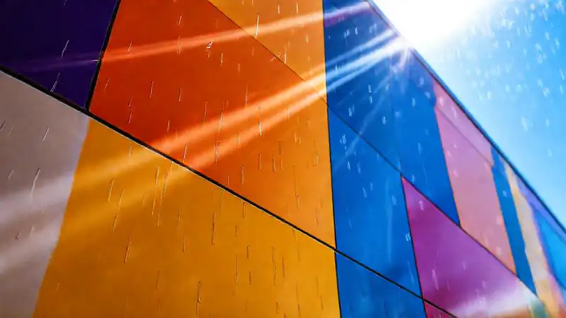La pared moderna refleja colores brillantes