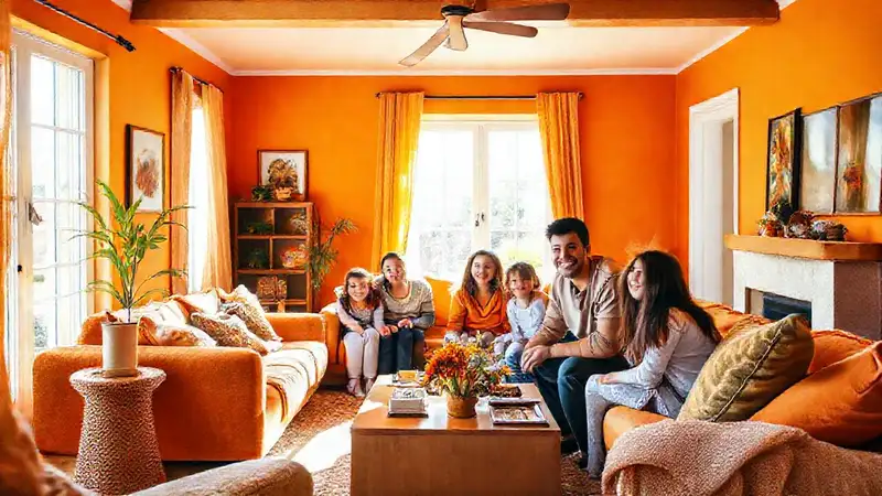 Un salón naranja vibrante y acogedor