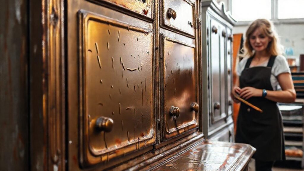 Una mujer pinta un mueble antiguo