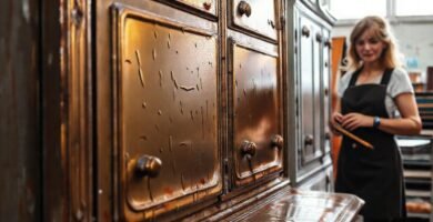 Una mujer pinta un mueble antiguo