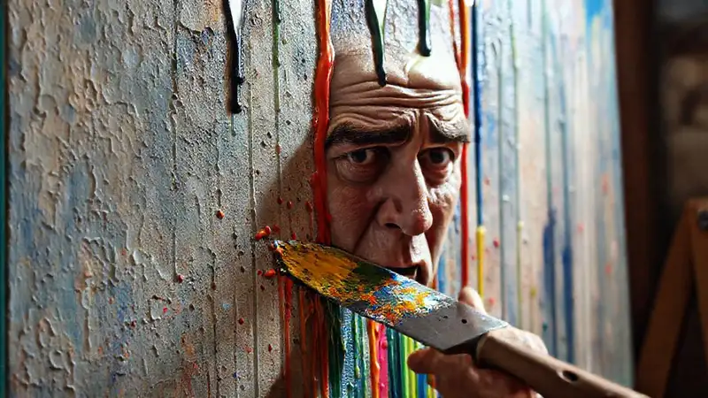 Un artista frustrado pinta un cuadro caótico