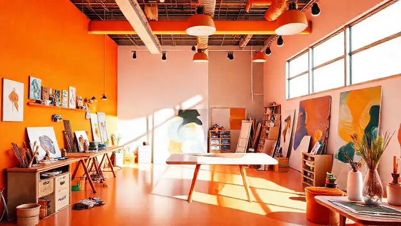 Un estudio naranja vibrante inspira creatividad