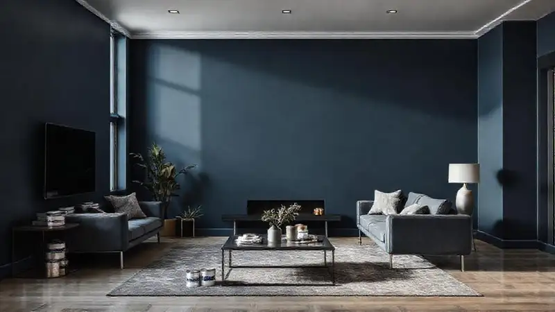 Un salón moderno azul oscuro y sereno
