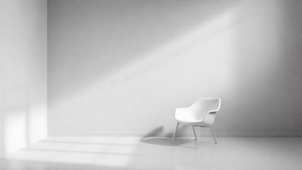 Habitación minimalista y serena en grises