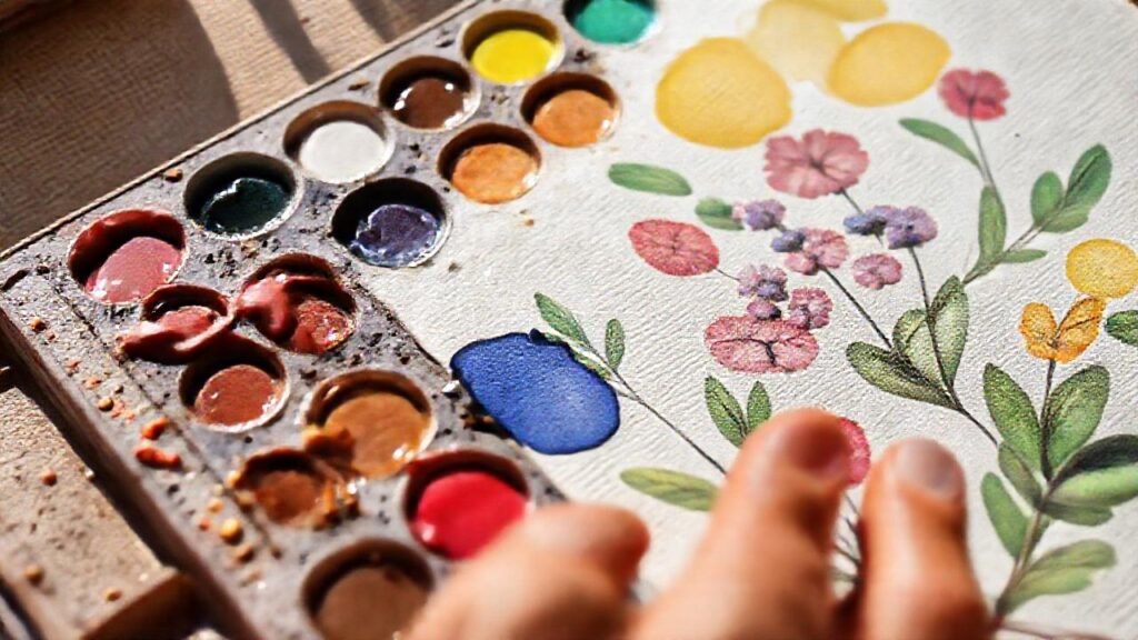 Paleta de acuarelas crea arte sereno