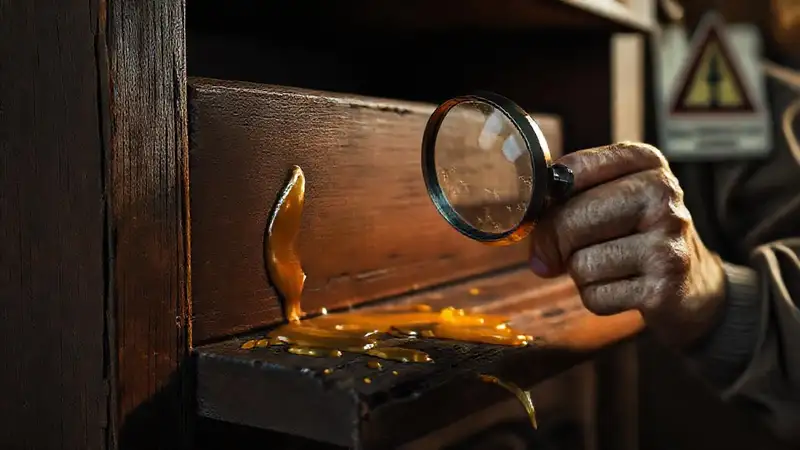 Un artesano frustrado trabaja madera oscura