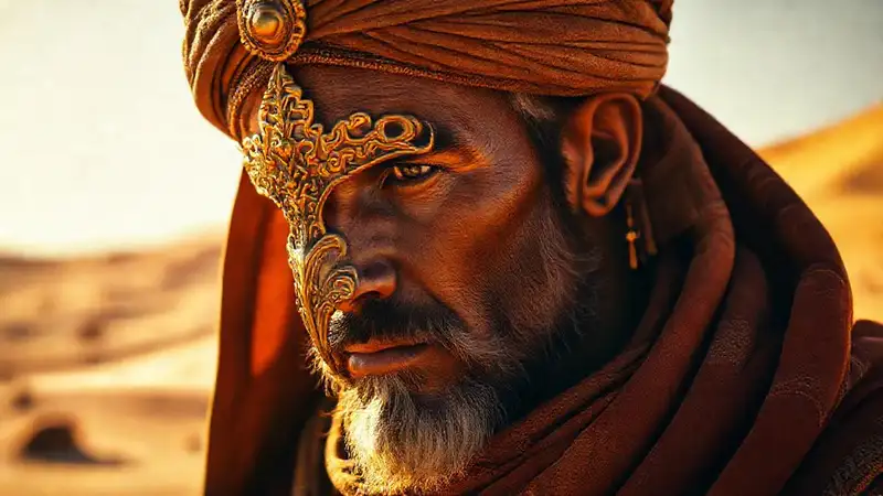 Un hombre dorado en un desierto místico