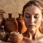 Una mujer serena en luz dorada