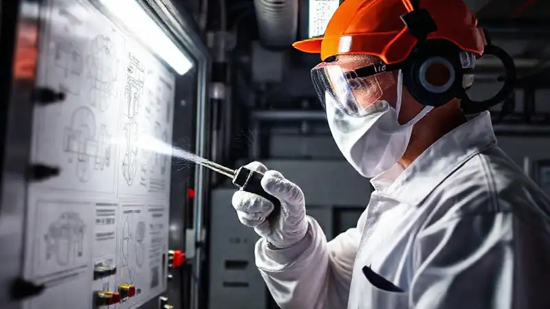 Técnicos pintan equipos en laboratorio seguro