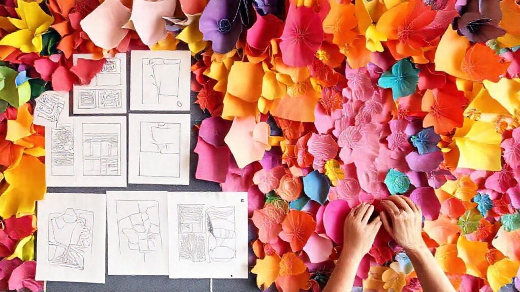 Tallan murales vibrantes con cartón colorido