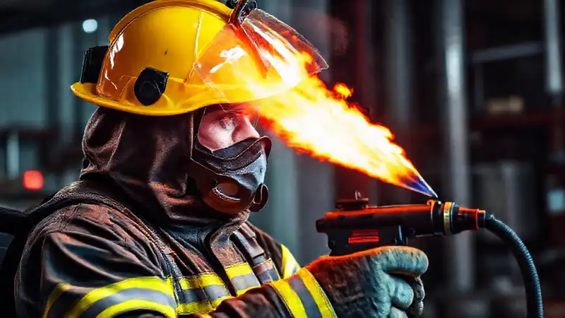 Bombero combate el fuego con protección