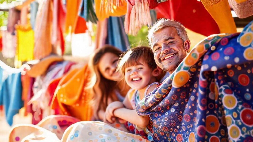 Una familia feliz disfruta textiles coloridos