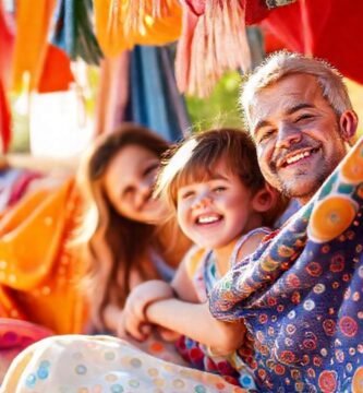 Una familia feliz disfruta textiles coloridos