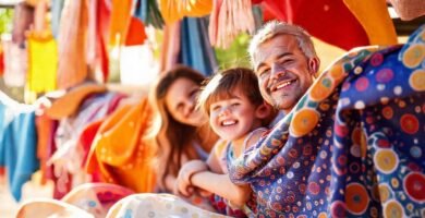 Una familia feliz disfruta textiles coloridos