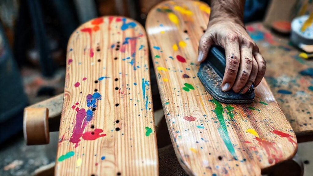 Manos crean skateboards artísticos y vibrantes