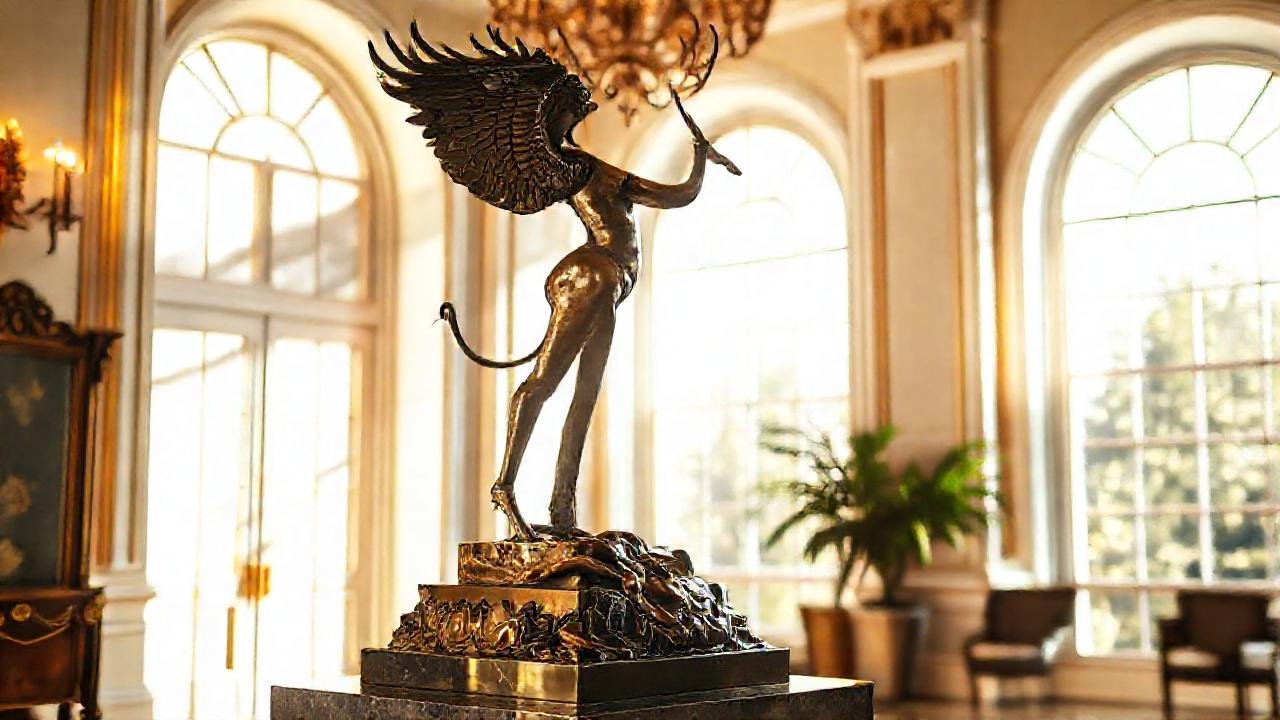 Una escultura de bronce resplandece en luz cálida