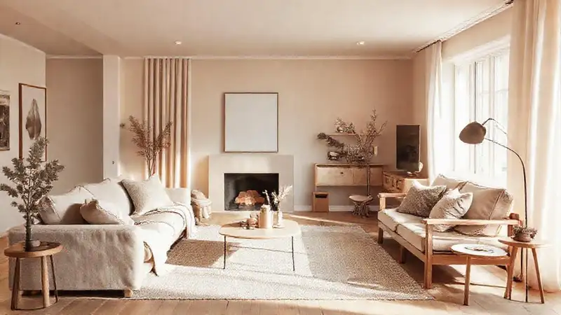 Un salón beige y nórdico es acogedor
