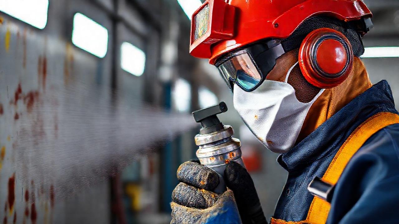 Trabajador protege contra el óxido con spray