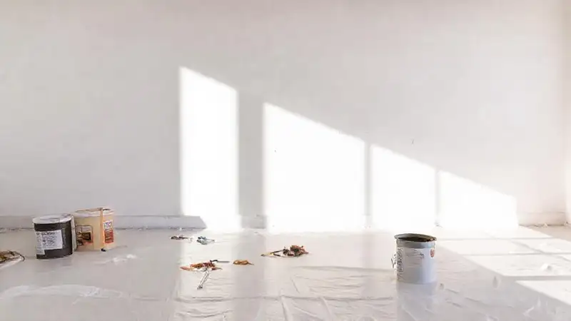 Pintores preparan una pared blanca limpia