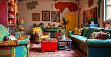 Un salón vibrante y acogedormente artístico