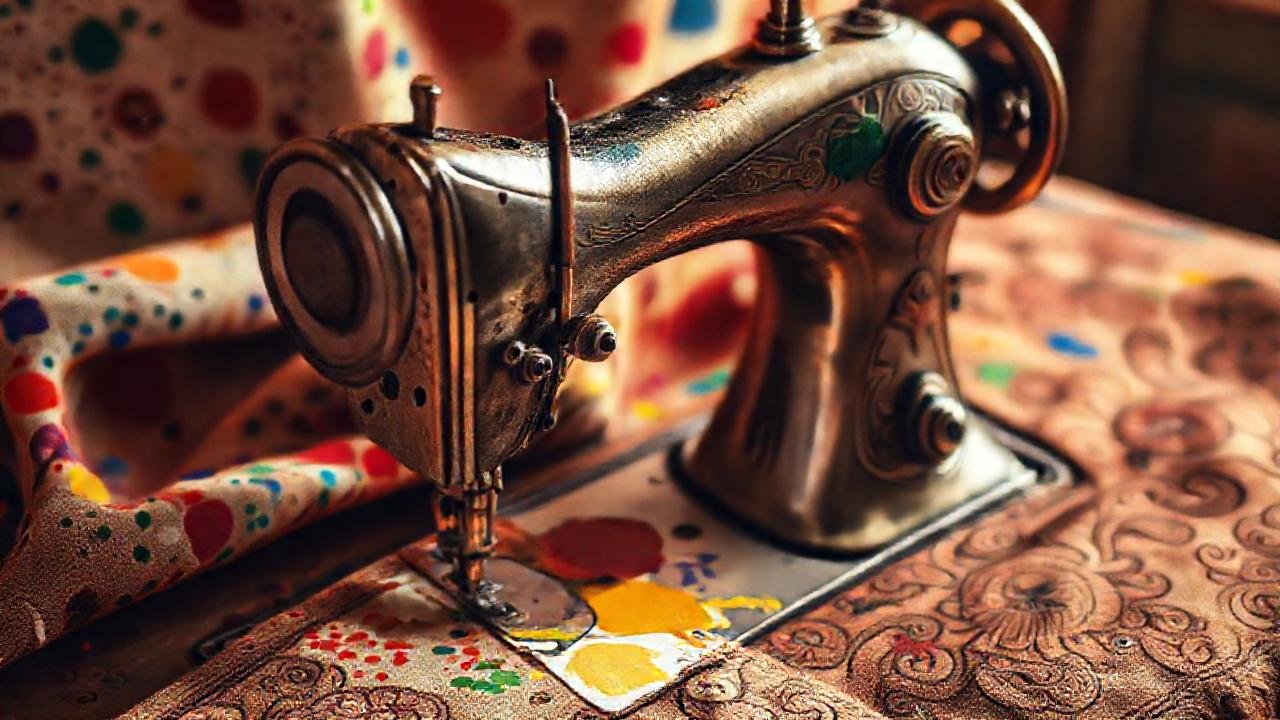 Máquina de coser vintage y textiles artísticos
