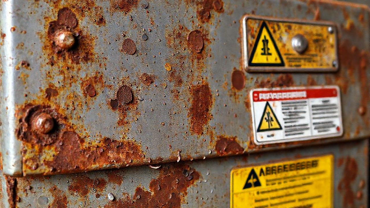 Metal oxidado, pintura y advertencia técnica