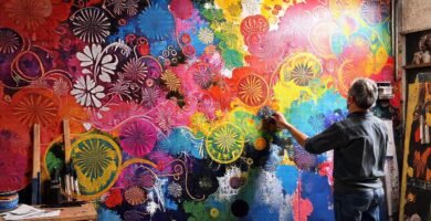 Artista crea murales coloridos y detallados