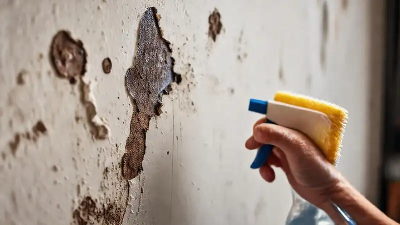 Una pared húmeda muestra frustración y limpieza