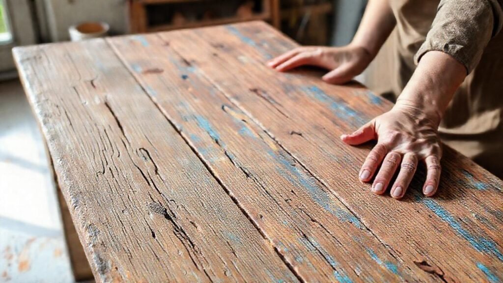 Mesa rústica con pintura y manos