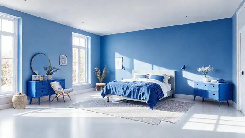 Un dormitorio azul claro