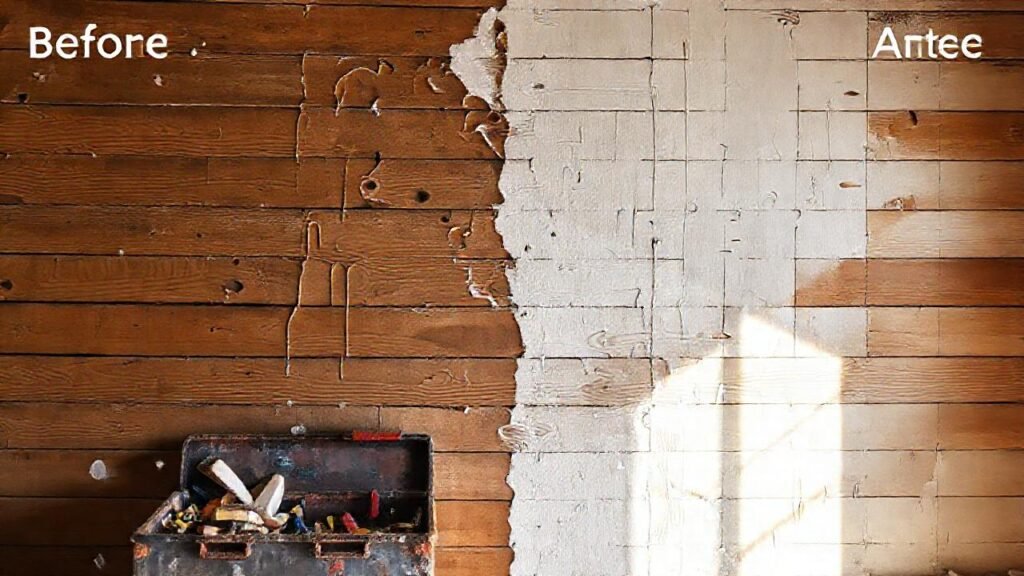 Un pintor frustrado arregla una pared deteriorada