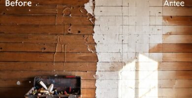 Un pintor frustrado arregla una pared deteriorada