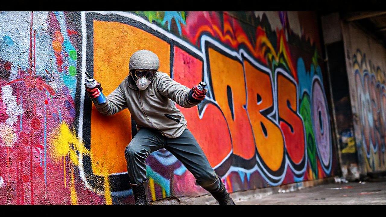 Un artista grafitero pinta un mural vibrante