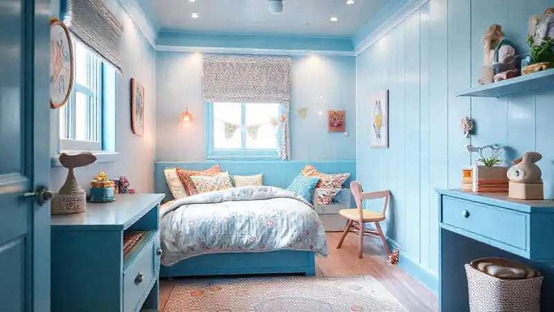 Un dormitorio celeste alegre y acogedor