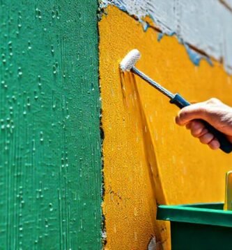 Pintor limpia pared bajo la lluvia