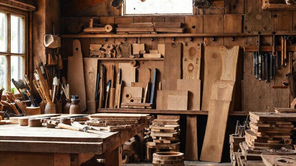 Taller rústico con herramientas y madera