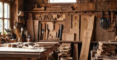 Taller rústico con herramientas y madera