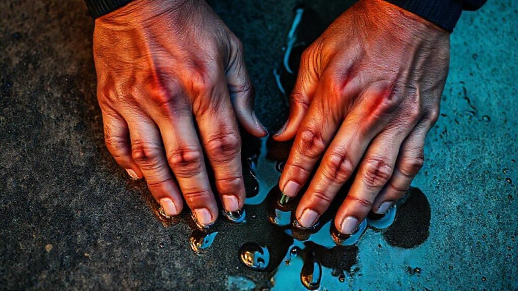 Manos y hormigón evocan humedad intensa