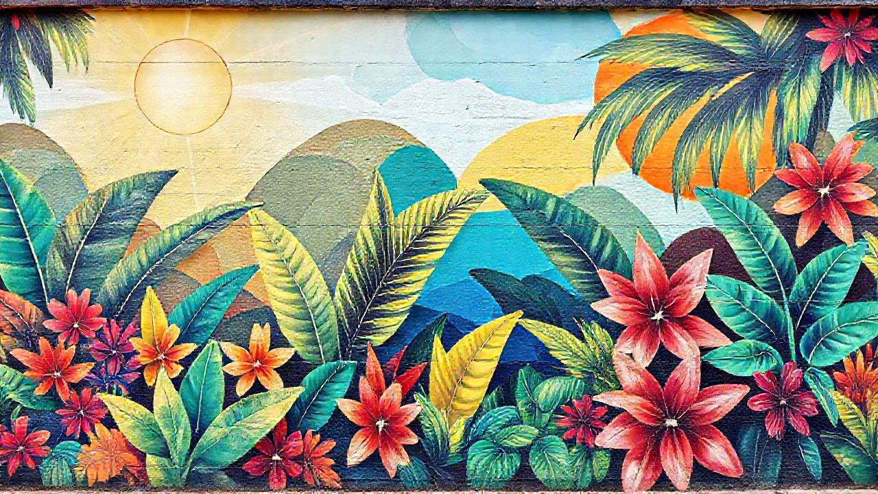 Mural tropical vibrante y decorativo