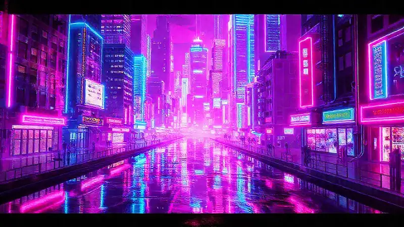 Ciudad neón surrealista, colores vibrantes y distorsionados