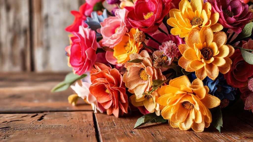 Una mesa rústica con flores vibrantes