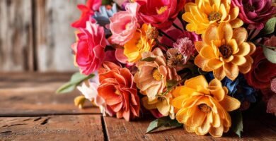Una mesa rústica con flores vibrantes