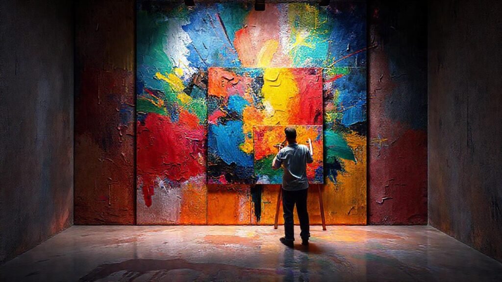 Pintura abstracta vibrante y geométrica ilumina el estudio