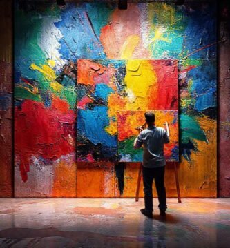 Pintura abstracta vibrante y geométrica ilumina el estudio