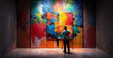 Pintura abstracta vibrante y geométrica ilumina el estudio